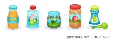 Baby Food with Puree, Juice and Yogurt Vector Set Baby Food with Puree, Juice and Yogurt Vector Set 101718288