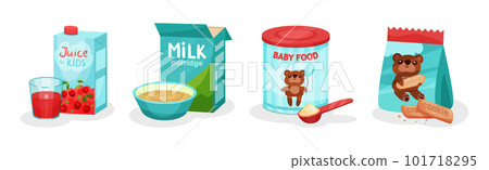 Baby Food with Milk Porridge, Formula, Juice and Cookie Vector Set Baby Food with Milk Porridge, Formula, Juice and Cookie Vector Set 101718295