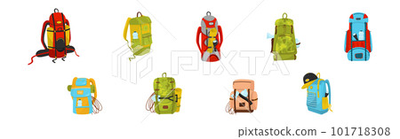 Camping or Hiking Backpack with Equipment and Gear Vector Set 101718308