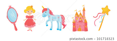Princess Tale with Unicorn, Castle, Mirror and Magic Wand Vector Set Princess Tale with Unicorn, Castle, Mirror and Magic Wand Vector Set 101718323
