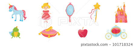 Princess Tale with Unicorn, Castle, Mirror, Shoe, Frog and Carriage Vector Set Princess Tale with Unicorn, Castle, Mirror, Shoe, Frog and Carriage Vector Set 101718324