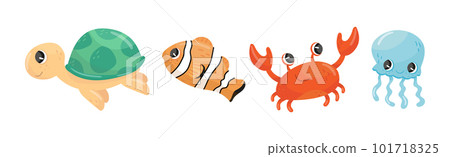 Cute Sea Animals with Turtle, Crab, Fish and Jellyfish Vector Set Cute Sea Animals with Turtle, Crab, Fish and Jellyfish Vector Set 101718325