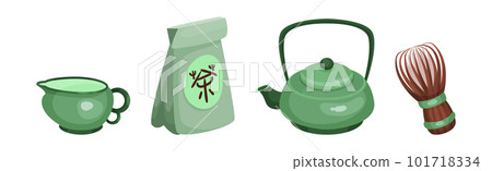 Tea Ceremony with Cup, Teapot, Whisk and Package Vector Set Tea Ceremony with Cup, Teapot, Whisk and Package Vector Set 101718334
