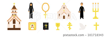 Christian Religion Attributes with Candle, Church and Man and Woman Priest Vector Set 101718343