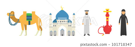 Muslim Religion Attributes with Mosque, Hookah and Camel Vector Set 101718347