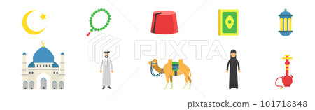Muslim Religion Attributes with Mosque and Tasbeeh Vector Set 101718348