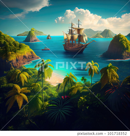 Pirate Ship Island View, Wooden Ancient Frigate, Mediterranean Piracy Drawing Imitation, Abstract Generative AI Illustration 101718352