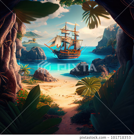 Pirate Ship Island View, Wooden Ancient Frigate, Mediterranean Piracy Drawing Imitation, Abstract Generative AI Illustration 101718353