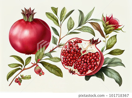 Punica Granatum Botanical Illustration, Pomegranate Flowers Fruits Painting, Abstract Generative AI Illustration 101718367