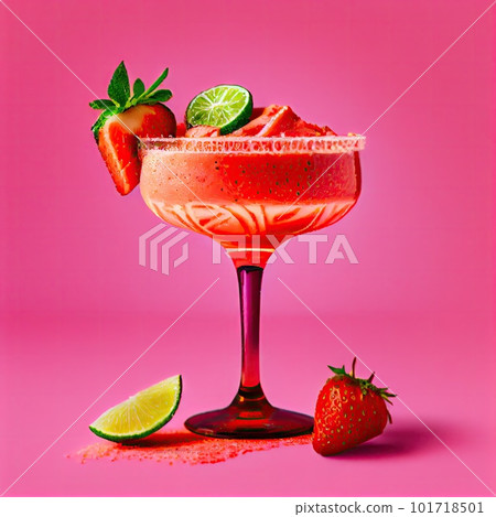 Strawberry Margarita Cocktail on Pink Background, Tropical Mocktail, Party Coctail, Bar Drink, Abstract Generative AI Illustration 101718501