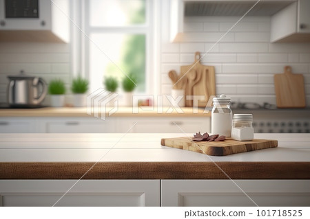 Light Wood Table on Blurred Kitchen Background, Modern Wooden Table Mockup for Montage Product Display, Generative AI Illustration Light Wood Table on Blurred Kitchen Background, Modern Wooden Table Mockup for Montage Product Display, Generative AI Illustration 101718525