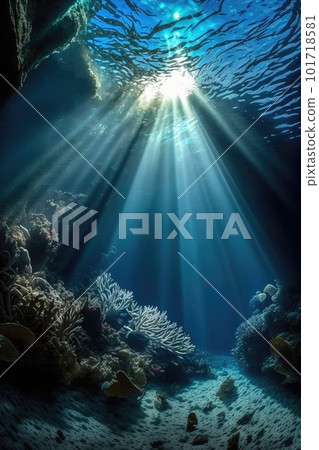 Underwater Sun Rays, Deep Water Sunlight, Under Sea Sunbeams Background, Abstract Generative AI Illustration Underwater Sun Rays, Deep Water Sunlight, Under Sea Sunbeams Background, Abstract Generative AI Illustration 101718581