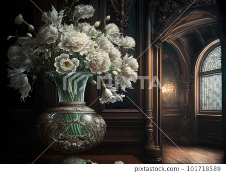 Flowers in Old Castle Interior, Vintage Victorian Hall with Flower Vase, Royal Villa, Abstract Generative AI Illustration 101718589
