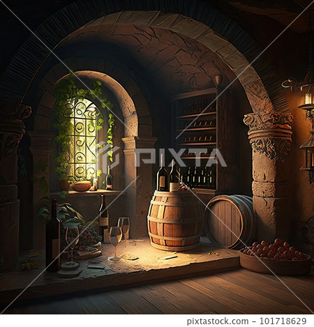 Wine Cellar, Old Winery Storage, Oak Barrels Warehouse, Vintage Bottles Basement, Generative AI Illustration Wine Cellar, Old Winery Storage, Oak Barrels Warehouse, Vintage Bottles Basement, Generative AI Illustration 101718629