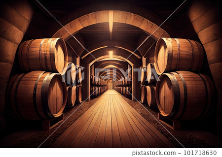 Old Wine Cellar with Oak Barrels, Winery Basement, Wine Cellar Abstract Generative AI Illustration Old Wine Cellar with Oak Barrels, Winery Basement, Wine Cellar Abstract Generative AI Illustration 101718630