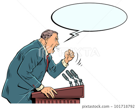A massive man in a suit and red tie screams emotionally from the podium into the microphones. The politician proves his case and argues with his opponent. A massive man in a suit and red tie screams emotionally from the podium into the microphones. The politician proves his case and argues with his opponent. 101718792