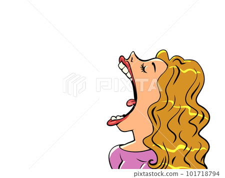 A girl with golden hair opens her mouth wide. Customer consumption. A girl with golden hair opens her mouth wide. Customer consumption. 101718794