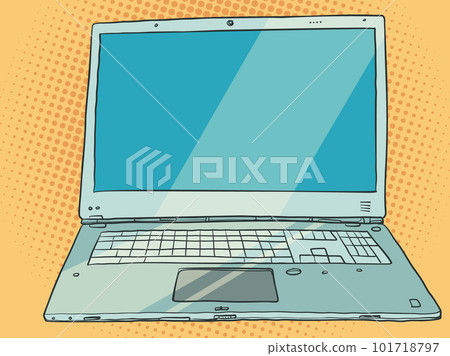 Laptop without a person. Computer equipment store. Technology of cloud storage of data and information. 101718797