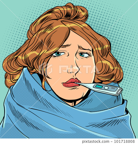 Treating the sick, taking care of loved ones. A girl with brown hair in a plaid with a thermometer medicine and health 101718808