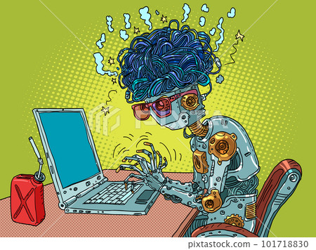 Artificial intelligence chat bot works and processes data from the Internet. Automation and robotization of the process. Increased ability to develop our technologies. The robot sits at the computer. Artificial intelligence chat bot works and processes data from the Internet. Automation and robotization of the process. Increased ability to develop our technologies. The robot sits at the computer. 101718830