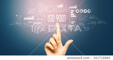 ISO 9001 theme with hand pressing a button 101718864