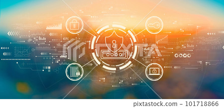 Cyber security theme with blurred city at sunset or sunrise 101718866