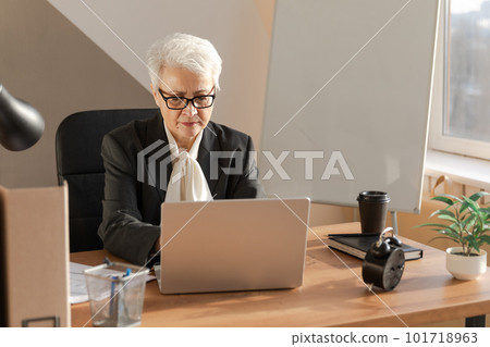 Confident stylish european middle aged senior woman using laptop at workplace. Stylish older mature 60s gray haired lady businesswoman sitting at office table. Boss leader teacher professional worker Confident stylish european middle aged senior woman using laptop at workplace. Stylish older mature 60s gray haired lady businesswoman sitting at office table. Boss leader teacher professional worker 101718963