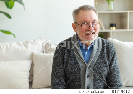 Confident stylish middle aged senior man at home. Older mature 70s man smiling. Happy attractive senior beard grandfather looking camera close up face headshot portrait. Happy people Confident stylish middle aged senior man at home. Older mature 70s man smiling. Happy attractive senior beard grandfather looking camera close up face headshot portrait. Happy people 101719017