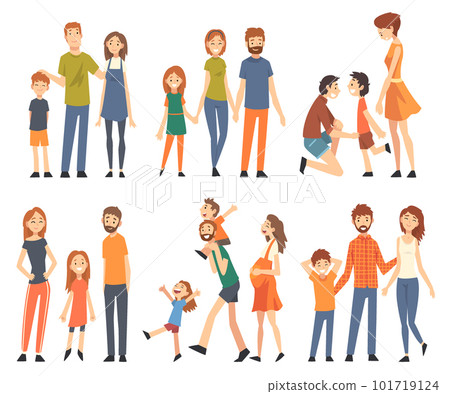 Happy Family with Mother, Father and Kids Spending Time Walking Together Big Vector Set 101719124