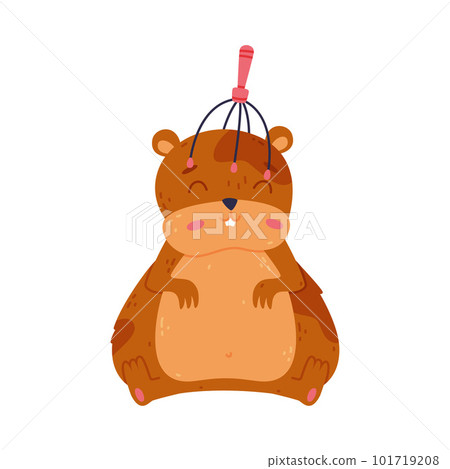 Cute hamster relaxing with head massager, funny brown rodent pet animal cartoon vector illustration 101719208