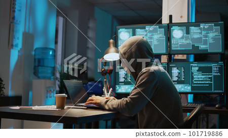 Masked data thief hacking computer network at night, working on laptop and multiple monitors to steal IT information. Hacker with hidden identity, server security breach. Handheld shot. Masked data thief hacking computer network at night, working on laptop and multiple monitors to steal IT information. Hacker with hidden identity, server security breach. Handheld shot. 101719886