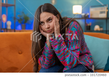 Displeased caucasian woman rubbing temples to cure headache problem, suffering from migraine, stress Displeased caucasian woman rubbing temples to cure headache problem, suffering from migraine, stress 101720460