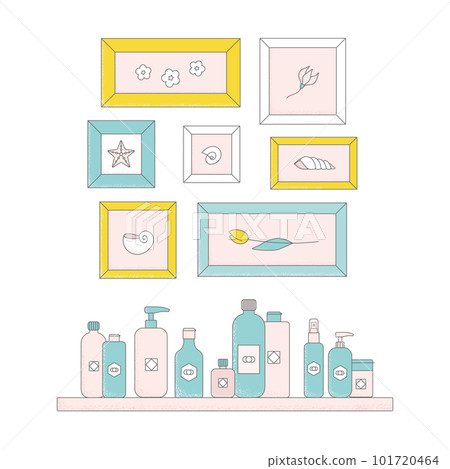 Bright cartoon cosmetic bottles on shalf. Bright body cream tube, cleanser, oil, lotion, scandinavian paints vector illustrations. Bright cartoon cosmetic bottles on shalf. Bright body cream tube, cleanser, oil, lotion, scandinavian paints vector illustrations. 101720464