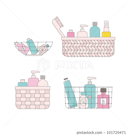 Color cartoon cosmetic bottles in baskets. Bright body cream tube, cleanser, oil, lotion, brush vector illustrations. Color cartoon cosmetic bottles in baskets. Bright body cream tube, cleanser, oil, lotion, brush vector illustrations. 101720471