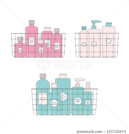 Bright cartoon cosmetic bottles in metal baskets. Color body cream tube, cleanser, oil, lotion vector illustrations. Bright cartoon cosmetic bottles in metal baskets. Color body cream tube, cleanser, oil, lotion vector illustrations. 101720473