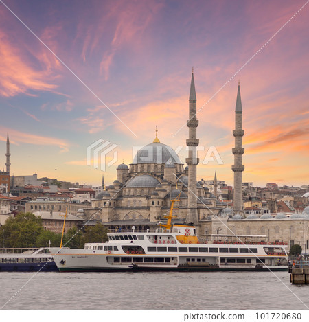 Istanbul city view at Eminonu overlooking the Golden Horn with ferries, ferry terminals, and Rustem Pasha Mosque Istanbul city view at Eminonu overlooking the Golden Horn with ferries, ferry terminals, and Rustem Pasha Mosque 101720680