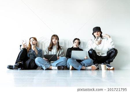 Generation Z men and women using smartphones, laptops, tablets (gadgets) Generation Z men and women using smartphones, laptops, tablets (gadgets) 101721795