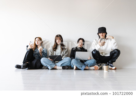 Generation Z men and women using smartphones, laptops, tablets (gadgets) 101722000