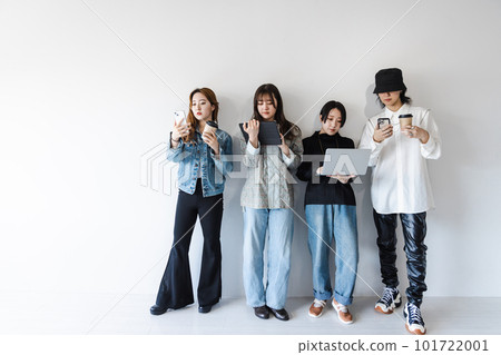Generation Z men and women using smartphones, laptops, tablets (gadgets) Generation Z men and women using smartphones, laptops, tablets (gadgets) 101722001
