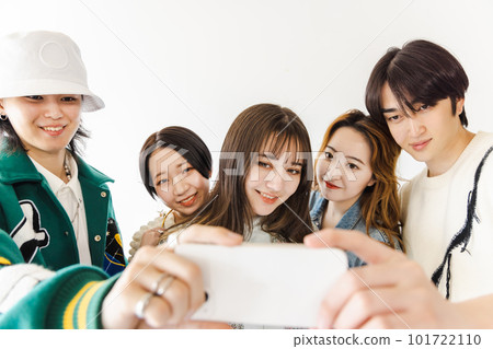 Group of men and women of generation Z taking pictures 101722110