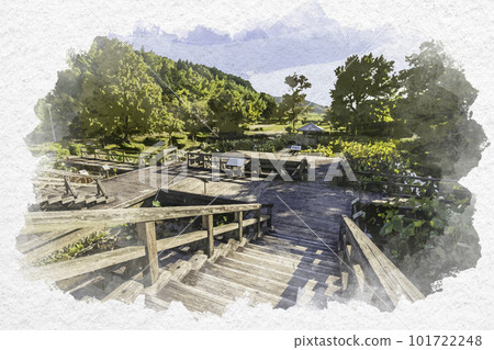 鳥取縣米子市水彩畫風格的寶岐古丘公園古荷花庭園 鳥取縣米子市水彩畫風格的寶岐古丘公園古荷花庭園 101722248