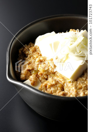 在黑色背景上拍攝帶有大量豆腐的辣麻婆豆腐 101723743