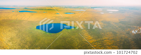 Miory District, Vitebsk Region, Belarus. The Yelnya Swamp. Upland And Transitional Bogs With Numerous Lakes. Elevated Aerial View Of Yelnya Nature Reserve Landscape. Famous Natural Landmark. Panorama 101724702