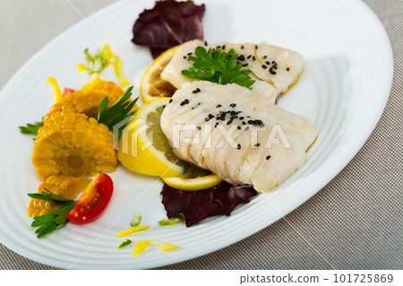 Steamed cod fillets 101725869