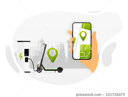 Electric Scooter. Public charging station for scooters. App for device. Sustainable transport. Modern lifestyle. Eco transport for city lifestyle. Vector illustration. 101726075