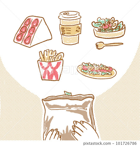 Illustration of the contents of a lunch bag Illustration of the contents of a lunch bag 101726786