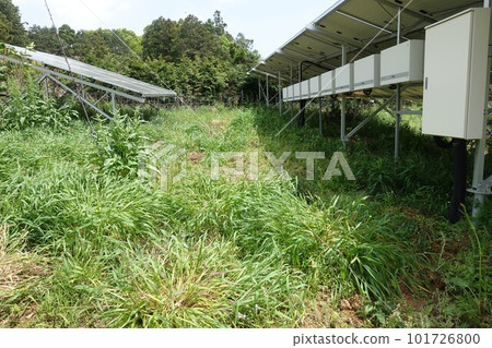排列著逆變器的雜草叢生的太陽能發電廠 排列著逆變器的雜草叢生的太陽能發電廠 101726800