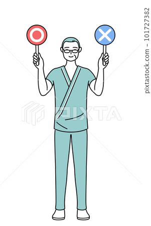 中老年男性住院患者用棍子顯示正確和錯誤答案 101727382