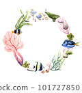 Wreath with sea corals, plants and tropical fish. Hand drawn watercolor illustration isolated on white 101727850