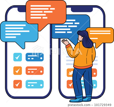 woman with smartphone in social media concept illustration in doodle style woman with smartphone in social media concept illustration in doodle style 101729349